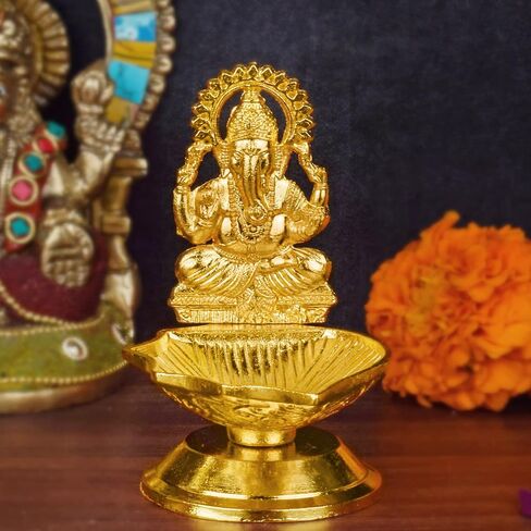 SATVIK Set of 1 Pc Laxmi Ganesha Pair Metal Diya Luxmi Ganpati Dia Lord Ganesh Lakshmi Murti Idol Statue Oil Lamp Decor Home Mandir Office Indian Hindu Diwali Pooja Pujan Housewarming Return Gift Item in Saudi Arabia
