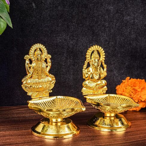 SATVIK Set of 1 Pc Laxmi Ganesha Pair Metal Diya Luxmi Ganpati Dia Lord Ganesh Lakshmi Murti Idol Statue Oil Lamp Decor Home Mandir Office Indian Hindu Diwali Pooja Pujan Housewarming Return Gift Item in Saudi Arabia
