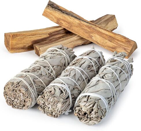 مجموعة تلطيخ وايت سيج وبالو سانتو | مجموعة التلطخ مع أعواد التلطخ المريمية ~ بالو سانتو ~ الرمال البيضاء ~ قشرة أذن البحر ~ الحامل ~ ريشة التلطخ | سالفيا بلانكا بارا ليمبيار من مصادر مستدامة in Kuwait