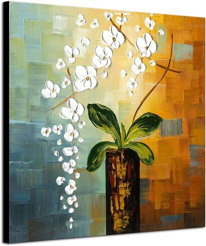 Wieco Art Beauty of Life لوحات زيتية زهرية على قماش جدار الفن الكبير الحديث 100٪ رسمت باليد مجردة الزهور البيضاء امتدت ومؤطرة عمل فني لغرفة المعيشة غرفة نوم ديكورات المنزل 32x32 in Saudi Arabia