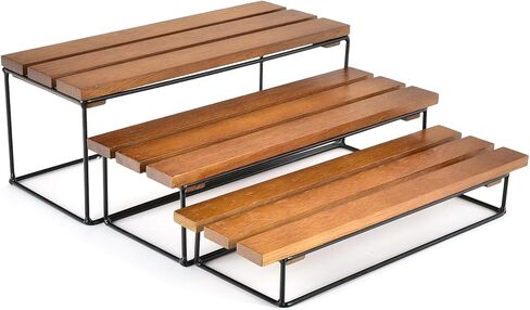 Walnut Wood Wooden Cupcake Stand 3-Tier Wooden Display Stand with Black Metal Base, Rectangle Tower Display Stands for Vendor Events Walnut Wood (12" Set) in Kuwait