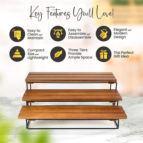 Walnut Wood Wooden Cupcake Stand 3-Tier Wooden Display Stand with Black Metal Base, Rectangle Tower Display Stands for Vendor Events Walnut Wood (12" Set) in Kuwait