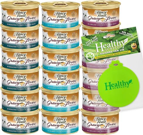 فائض صحي - غطاء سيليكون للقطط (1) وعبوات متنوعة من طعام القطط الرطب من فانسي فيست جرافي لافرز | ديك رومي، سمك السلمون، سمك السلمون، وليمة الدجاج بنكهة المرق، بروتينات خالية من الحبوب (عبوة من 18 قطعة) | باقة in Kuwait