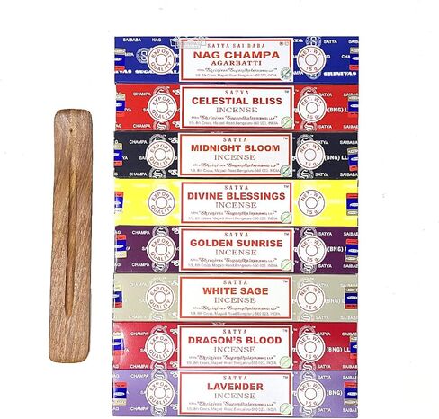 مجموعة هدايا بخور ساتيا Nag Champa+ Free New Age Imports, Inc.® Burner| ناج تشامبا، النعيم السماوي، إزهار منتصف الليل، البركة الإلهية، المريمية البيضاء، دم التنين، الخزامى، شروق الشمس in Kuwait