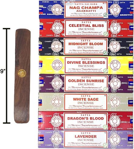 مجموعة هدايا بخور ساتيا Nag Champa+ Free New Age Imports, Inc.® Burner| ناج تشامبا، النعيم السماوي، إزهار منتصف الليل، البركة الإلهية، المريمية البيضاء، دم التنين، الخزامى، شروق الشمس in Kuwait