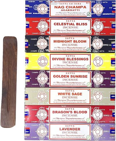 مجموعة هدايا بخور ساتيا Nag Champa+ Free New Age Imports, Inc.® Burner| ناج تشامبا، النعيم السماوي، إزهار منتصف الليل، البركة الإلهية، المريمية البيضاء، دم التنين، الخزامى، شروق الشمس in Kuwait