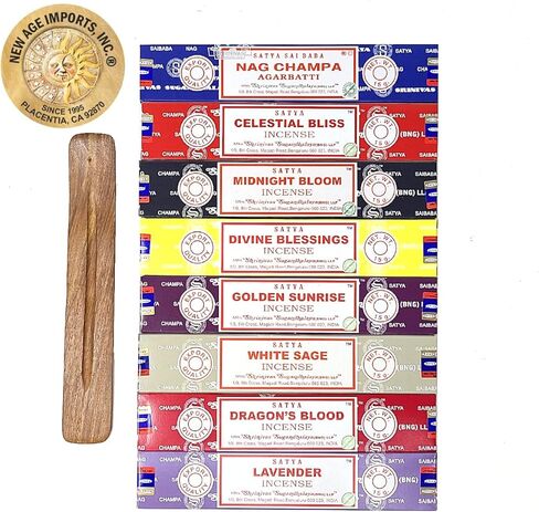 مجموعة هدايا بخور ساتيا Nag Champa+ Free New Age Imports, Inc.® Burner| ناج تشامبا، النعيم السماوي، إزهار منتصف الليل، البركة الإلهية، المريمية البيضاء، دم التنين، الخزامى، شروق الشمس in Kuwait