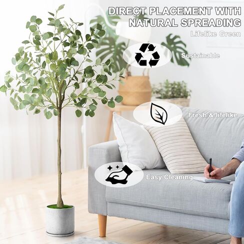 melos Artificial Eucalyptus Tree Decor Indoor Outdoor, 6 FT Faux Plant, Lifelike Green Fake Potted Tree for Home Office in Kuwait