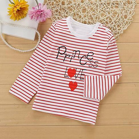 تي شيرت بأكمام طويلة للفتيات الصغيرات من القطن كاجوال برقبة مستديرة ورقبة مستديرة ورسومات مكونة من 3 مجموعات باللون الأبيض والأحمر in Kuwait