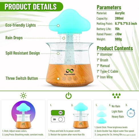 مرطب هواء على شكل سحابة مطر مع ضوء ليلي على شكل فطر - واحة هادئة مع موزع مطر على شكل سحابة تحاضن، اصوات مطر للنوم، مصباح شلال، 7 الوان متغيرة اضاءة ليلية بخاصية اطلاق الروائح العلاجية in Kuwait