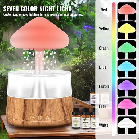 مرطب هواء على شكل سحابة مطر مع ضوء ليلي على شكل فطر - واحة هادئة مع موزع مطر على شكل سحابة تحاضن، اصوات مطر للنوم، مصباح شلال، 7 الوان متغيرة اضاءة ليلية بخاصية اطلاق الروائح العلاجية in Kuwait