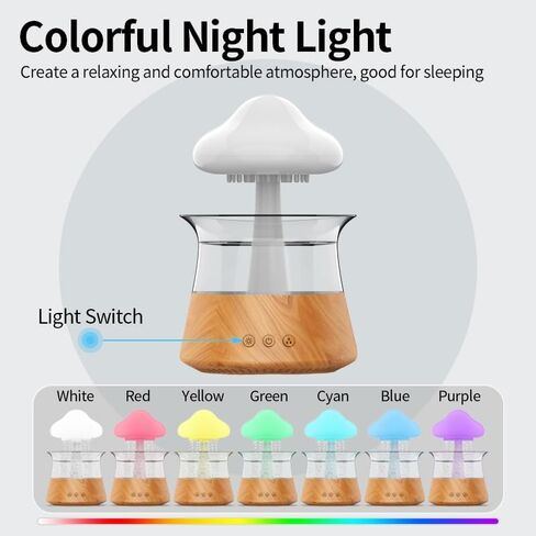 مرطب هواء على شكل سحابة مطر مع ضوء ليلي على شكل فطر - واحة هادئة مع موزع مطر على شكل سحابة تحاضن، اصوات مطر للنوم، مصباح شلال، 7 الوان متغيرة اضاءة ليلية بخاصية اطلاق الروائح العلاجية in Kuwait