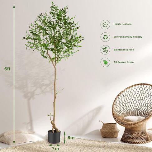 شجرة زيتون صناعية بطول 6 أقدام نبات حرير صناعي شجرة زيتون مزيفة بوعاء مع زارع فروع صناعية كبيرة وفواكه واقعية لتزيين أرضية غرفة المعيشة والمكتب المنزلي الحديث في الأماكن المغلقة - قطعتان in Kuwait