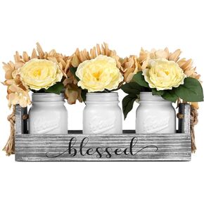 HOMKO Mason Jar Centerpiece Set with Artificial Flower, Kitchen Table Decor Centerpiece in Farmhouse Rustic Style for Flatware Organizer, Flower arrangement, Garden Wedding (Blue, Large)