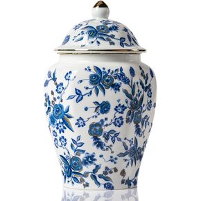 Qinlang Small Ceramic Ginger Jar for Home Decor, Ginger Jar Vase with Lid, Blue and White Lotus Pattern