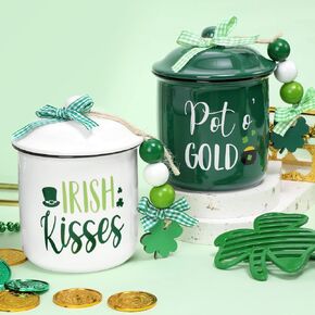 St. Patrick's Day Tiered Tray Decor Irish Kisses Ceramic Canister Irish Decor Bowl Candy Jar Holder with Green Buffalo Plaid Bowknot Shamrock Home Farmhouse Table Centerpiece Decoration Supplies in Kuwait