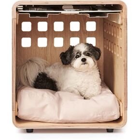 قفص خشبي فاخر للكلاب من FABLE - باب معدني أبيض يمكن تخزينه - عرين طبيعي مع تدفق هواء رائع - تصميم سلس يمكن استخدامه كطاولة نهاية لقفص الكلاب - صغير جدًا/صغير جدًا in Kuwait