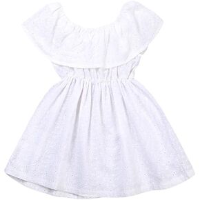 فستان قصير من الدانتيل بدون أكتاف مكشكش مجوف للفتيات الصغيرات الصغار، فستان صيفي أبيض in Kuwait