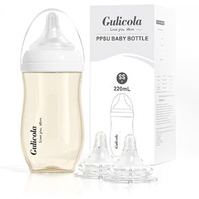 Gulicola Newborn Breastfeeding Baby Bottle with Extra Slow Flow Nipples, 0 Months+, Anti Colic, BPA Free PPSU, 7 oz - Clear