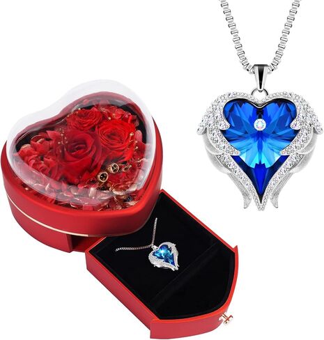JLQPTX Preserved Rose with Angel Wings Necklace Gift Set for Women.Eternal Rose Gifts for Mom Grandma on Mother's Day. Heart Shaped Preserved Rose Box Gift for Her on Valentine's Day Anniversary. in Saudi Arabia