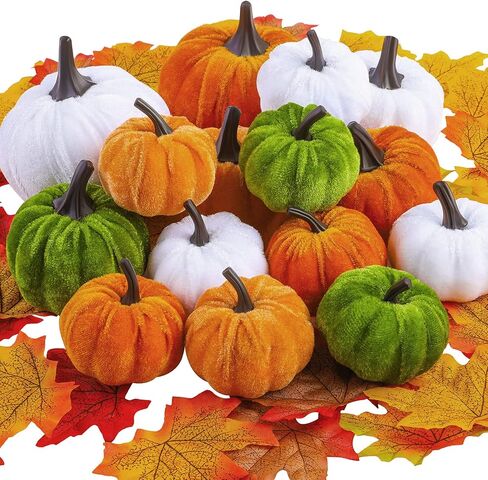 Fovths 15 Pack Artificial Pumpkins Set Velvet Pumpkins Fall Harvest Decoration Pumpkins Including 50 Pieces Artificial Maple Leaves for Halloween, Thanksgiving, Theme Party Supplies in Kuwait