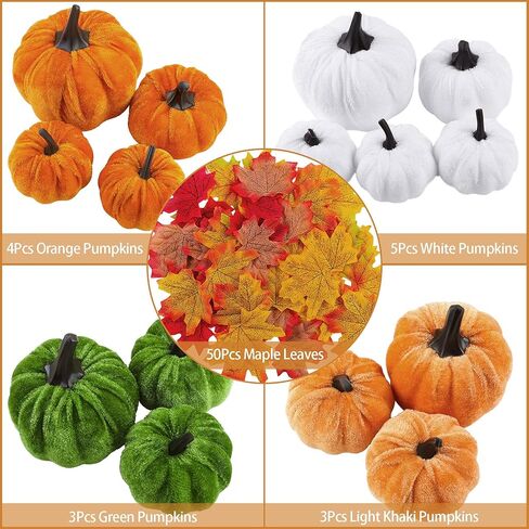 Fovths 15 Pack Artificial Pumpkins Set Velvet Pumpkins Fall Harvest Decoration Pumpkins Including 50 Pieces Artificial Maple Leaves for Halloween, Thanksgiving, Theme Party Supplies in Kuwait