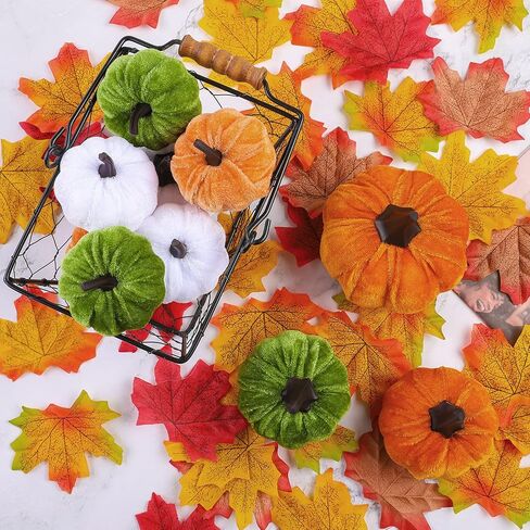 Fovths 15 Pack Artificial Pumpkins Set Velvet Pumpkins Fall Harvest Decoration Pumpkins Including 50 Pieces Artificial Maple Leaves for Halloween, Thanksgiving, Theme Party Supplies in Kuwait