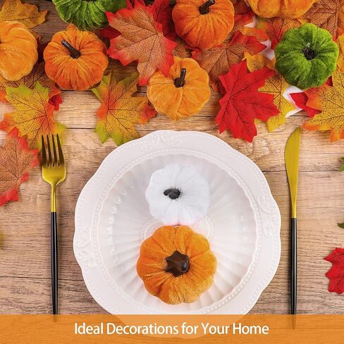 Fovths 15 Pack Artificial Pumpkins Set Velvet Pumpkins Fall Harvest Decoration Pumpkins Including 50 Pieces Artificial Maple Leaves for Halloween, Thanksgiving, Theme Party Supplies in Kuwait