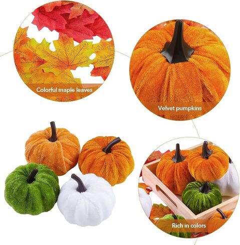 Fovths 15 Pack Artificial Pumpkins Set Velvet Pumpkins Fall Harvest Decoration Pumpkins Including 50 Pieces Artificial Maple Leaves for Halloween, Thanksgiving, Theme Party Supplies in Kuwait