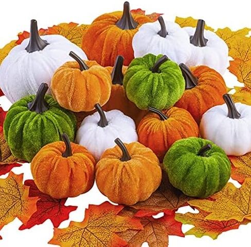 Fovths 15 Pack Artificial Pumpkins Set Velvet Pumpkins Fall Harvest Decoration Pumpkins Including 50 Pieces Artificial Maple Leaves for Halloween, Thanksgiving, Theme Party Supplies in Kuwait
