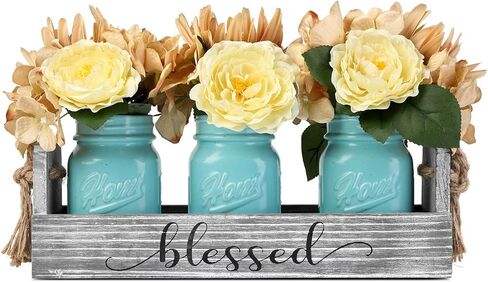 HOMKO Mason Jar Centerpiece Set with Artificial Flower, Kitchen Table Decor Centerpiece in Farmhouse Rustic Style for Flatware Organizer, Flower arrangement, Garden Wedding (Blue, Large) in Kuwait
