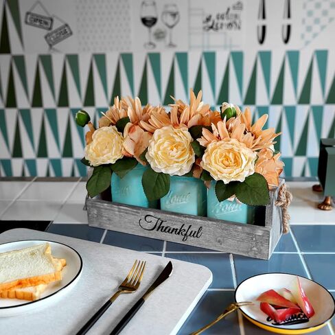 HOMKO Mason Jar Centerpiece Set with Artificial Flower, Kitchen Table Decor Centerpiece in Farmhouse Rustic Style for Flatware Organizer, Flower arrangement, Garden Wedding (Blue, Large) in Kuwait