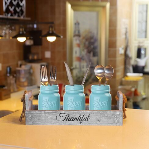 HOMKO Mason Jar Centerpiece Set with Artificial Flower, Kitchen Table Decor Centerpiece in Farmhouse Rustic Style for Flatware Organizer, Flower arrangement, Garden Wedding (Blue, Large) in Kuwait