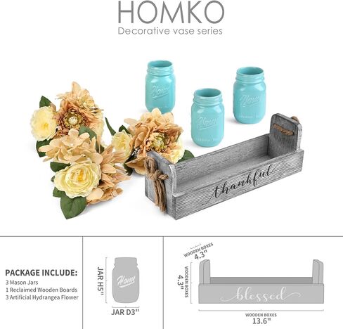 HOMKO Mason Jar Centerpiece Set with Artificial Flower, Kitchen Table Decor Centerpiece in Farmhouse Rustic Style for Flatware Organizer, Flower arrangement, Garden Wedding (Blue, Large) in Kuwait