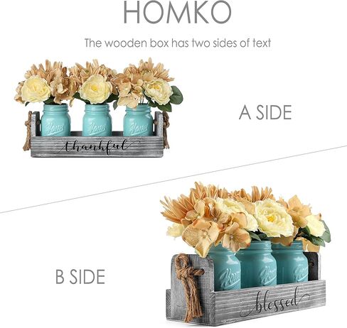 HOMKO Mason Jar Centerpiece Set with Artificial Flower, Kitchen Table Decor Centerpiece in Farmhouse Rustic Style for Flatware Organizer, Flower arrangement, Garden Wedding (Blue, Large) in Kuwait