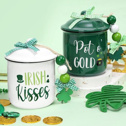 Nefelibata St. Patrick's Day Ceramic Canister Tiered Tray Decor Bowl Pot o' Gold Irish Kisses Candy Holder with Green Buffalo Plaid Bowknot Shamrock Table Centerpiece Decoration Supplies Set of 2 in Saudi Arabia