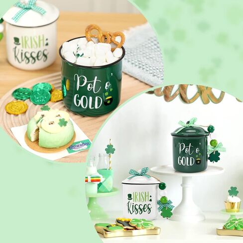 Nefelibata St. Patrick's Day Ceramic Canister Tiered Tray Decor Bowl Pot o' Gold Irish Kisses Candy Holder with Green Buffalo Plaid Bowknot Shamrock Table Centerpiece Decoration Supplies Set of 2 in Saudi Arabia