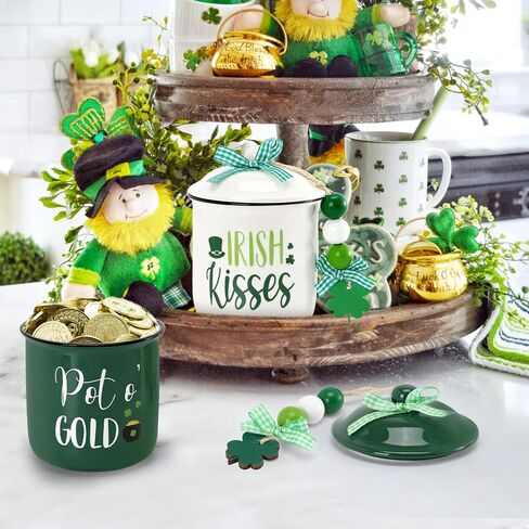 Nefelibata St. Patrick's Day Ceramic Canister Tiered Tray Decor Bowl Pot o' Gold Irish Kisses Candy Holder with Green Buffalo Plaid Bowknot Shamrock Table Centerpiece Decoration Supplies Set of 2 in Saudi Arabia