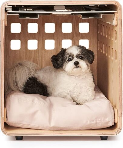 قفص خشبي فاخر للكلاب من FABLE - باب معدني أبيض يمكن تخزينه - عرين طبيعي مع تدفق هواء رائع - تصميم سلس يمكن استخدامه كطاولة نهاية لقفص الكلاب - صغير جدًا/صغير جدًا in Kuwait