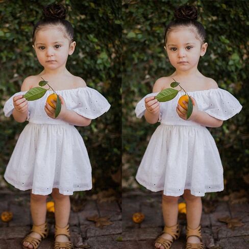 فستان قصير من الدانتيل بدون أكتاف مكشكش مجوف للفتيات الصغيرات الصغار، فستان صيفي أبيض in Kuwait