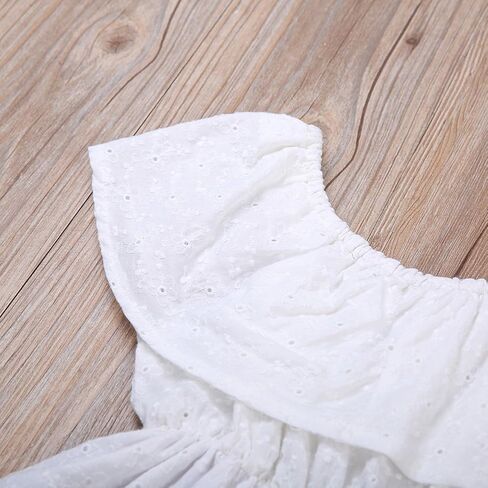 فستان قصير من الدانتيل بدون أكتاف مكشكش مجوف للفتيات الصغيرات الصغار، فستان صيفي أبيض in Kuwait