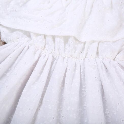 فستان قصير من الدانتيل بدون أكتاف مكشكش مجوف للفتيات الصغيرات الصغار، فستان صيفي أبيض in Kuwait