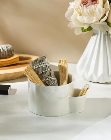 Ceramic Smudge Bowl, Sage Holder for Burning, Smudging Burn Bowl for Sage, Palo Santo Wood, Form for Candles, Candle Container, Smudge, Decorative and Incense Burner (Pearl White) in Saudi Arabia