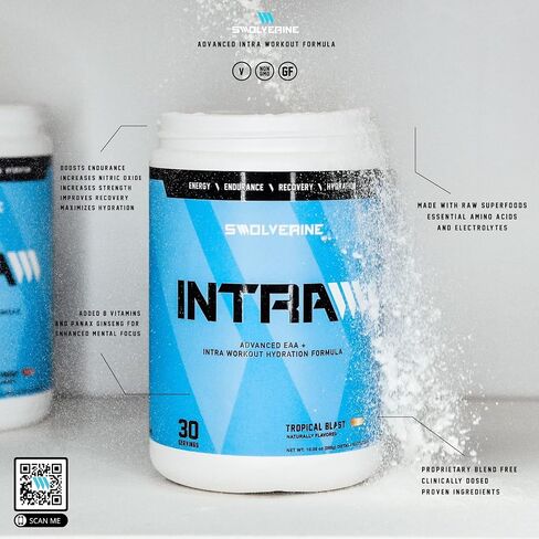 Swolverine Intra | Essential Amino Acids, Electrolytes, Coconut Water, Pomegranate, Tart Cherry, Spirulina, Vegan, Non-GMO, Gluten Free (30 Servings, Tropical Blast) in Saudi Arabia