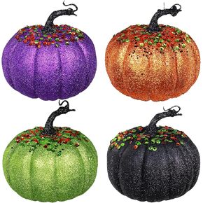 Winlyn Set of 4 Assorted Glittered and Sequined Artificial Halloween Pumpkins Decorative Pumpkins Foam Pumpkins in Orange Green Purple Black for Chic Glam Fall Halloween Table Centerpiece Decor in Saudi Arabia