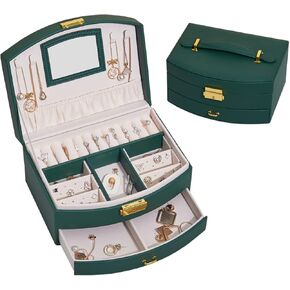 صندوق مجوهرات من BUTI4WLD للنساء أو الفتيات، منظم مجوهرات مصنوع من جلد البولي يوريثين، 3 طبقات لتخزين المجوهرات للخواتم والأقراط والقلائد والأساور والساعات الصغيرة (أخضر) in Kuwait
