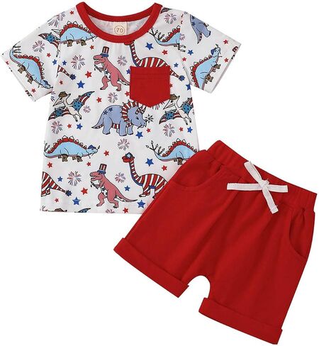 Newborn Baby Boy Summer Clothes Short Sleeve Cartoon Dinosaur T-Shirt Top Shorts 2Pcs 4th of July Outfit in Saudi Arabia