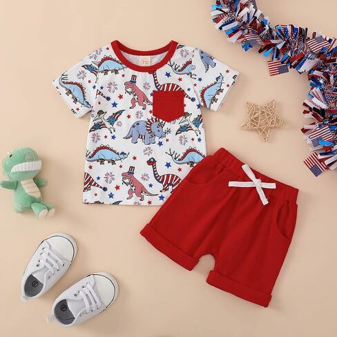 Newborn Baby Boy Summer Clothes Short Sleeve Cartoon Dinosaur T-Shirt Top Shorts 2Pcs 4th of July Outfit in Saudi Arabia