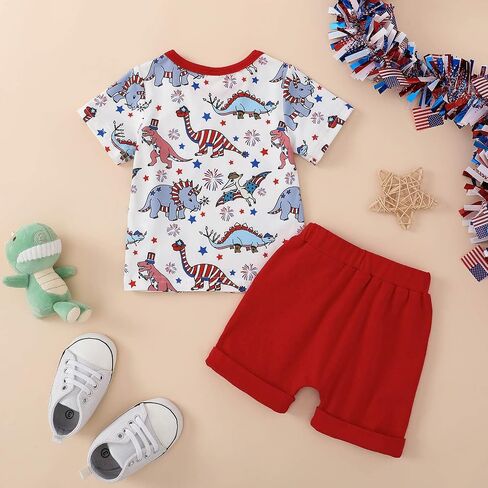 Newborn Baby Boy Summer Clothes Short Sleeve Cartoon Dinosaur T-Shirt Top Shorts 2Pcs 4th of July Outfit in Saudi Arabia