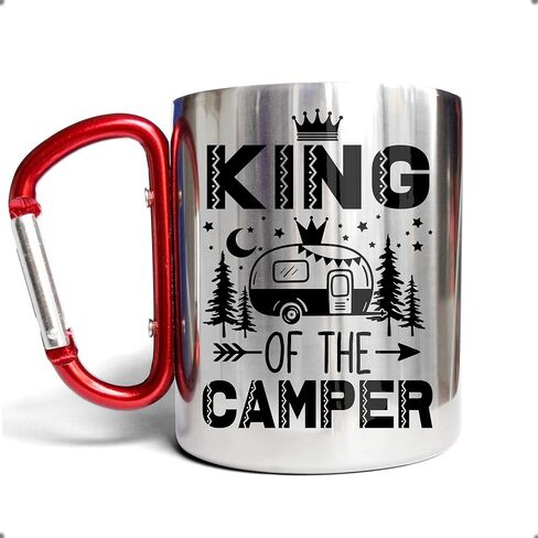 Marsrut Stainless Steel Mug with Carabiner Handle - Funny Camping Saying, King Of The Camper - Portable and Durable Travel Mug for Outdoor Adventures - 10 oz in Kuwait